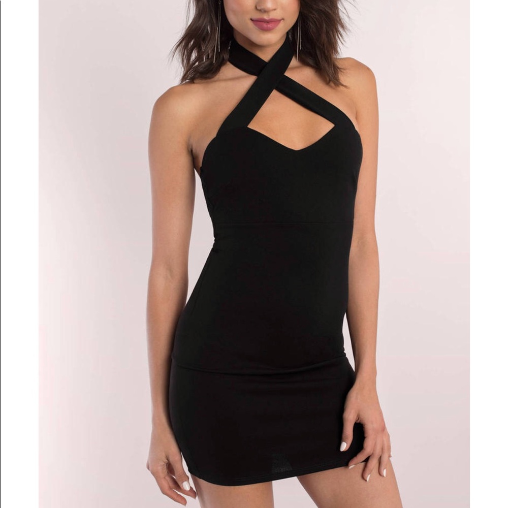 Cross front black bodycon dress